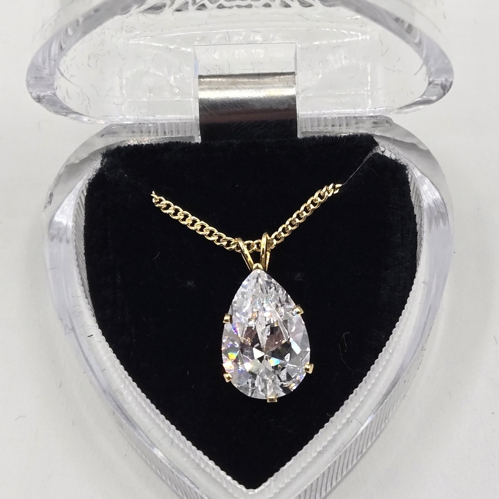 Gold Necklace with Clear Cubic Zirconia Teardrop Pendant Non-Tarnish - Picture 2 of 5